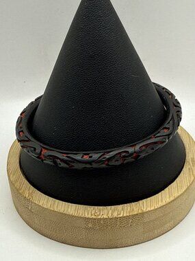 Vtg Chinese Carved Cinnabar Bangle Bracelet Black Red Floral Lacquer Aesthetic